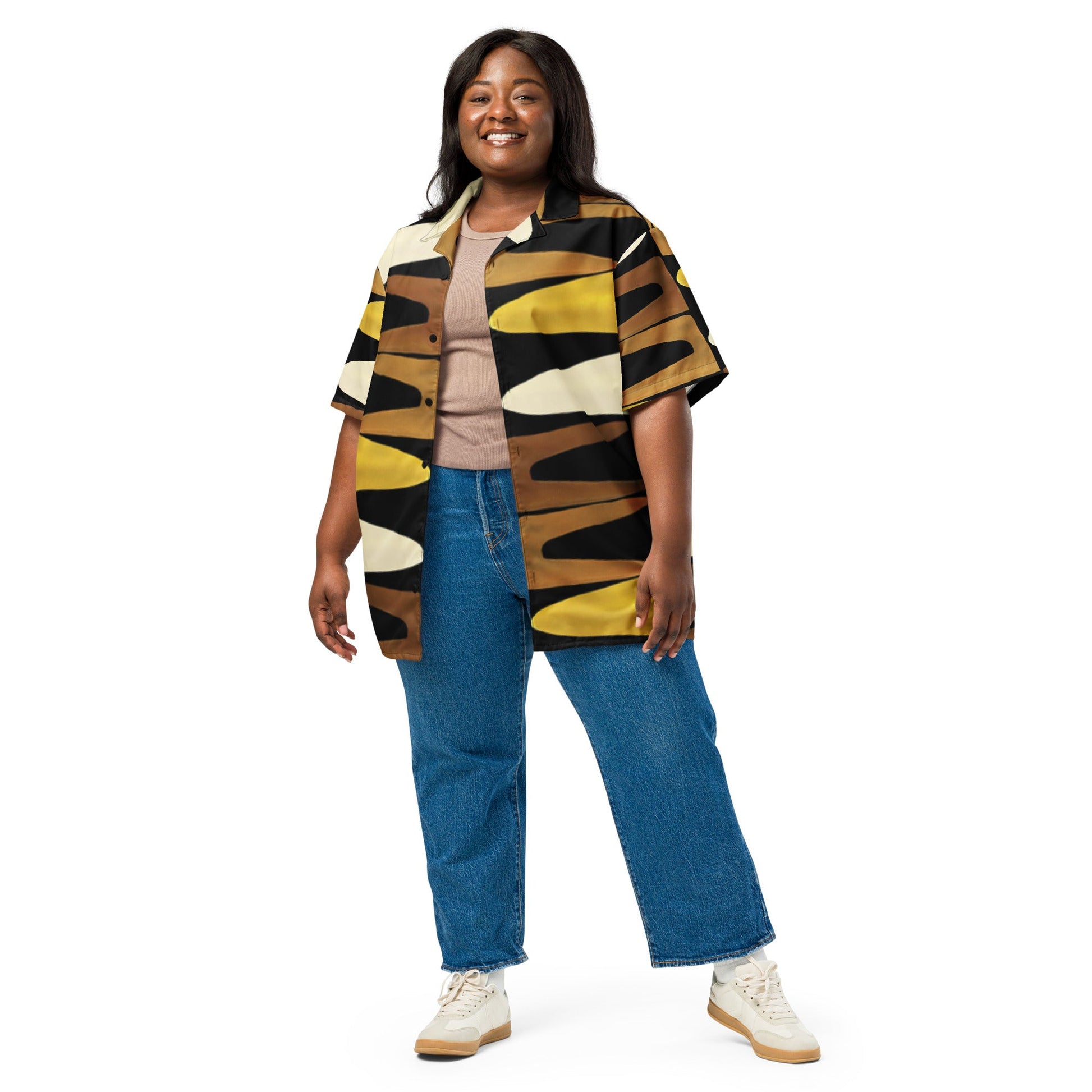 Unisex Button Shirt in Black Yellow Brown - Geometric Pattern - PratSN