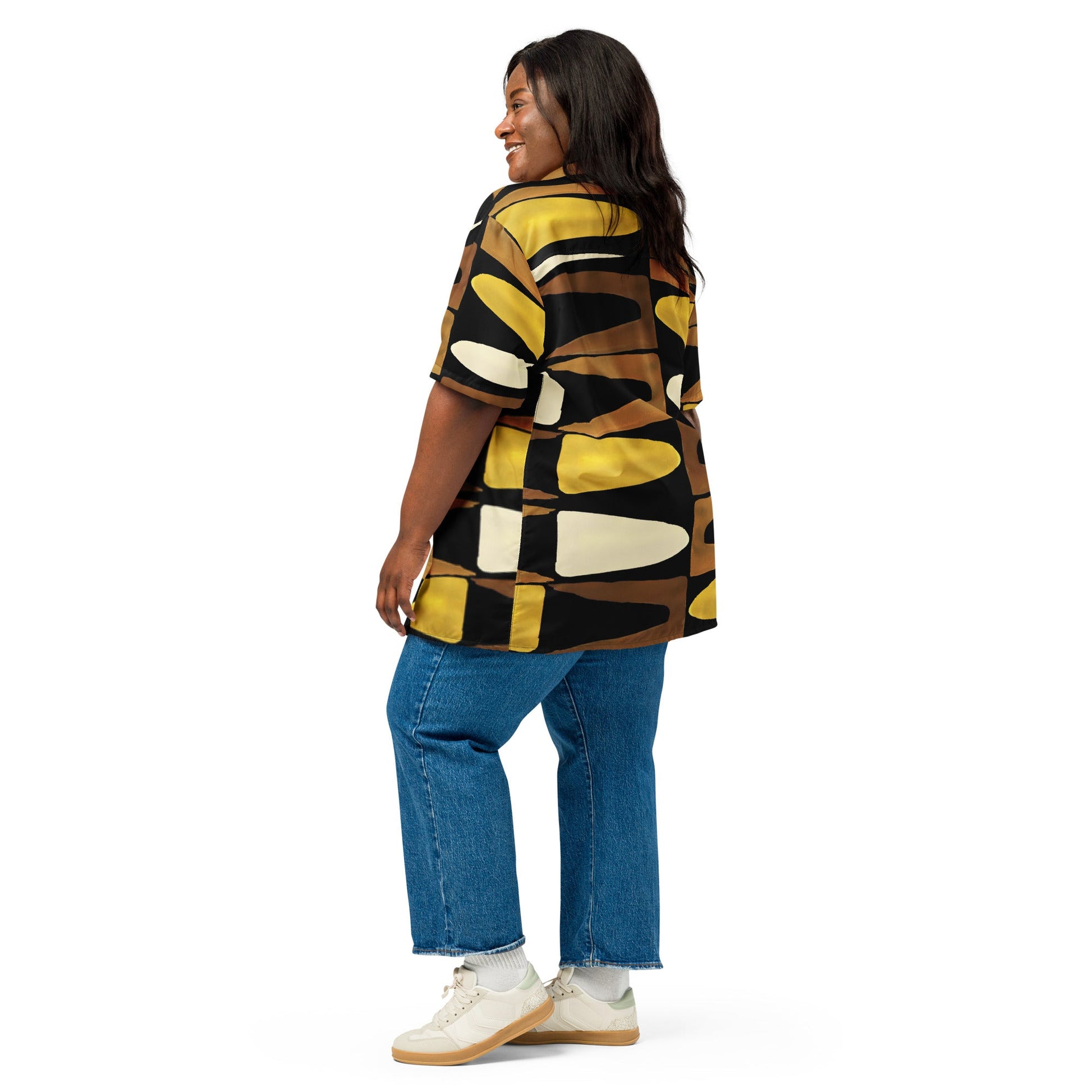 Unisex Button Shirt in Black Yellow Brown - Geometric Pattern - PratSN