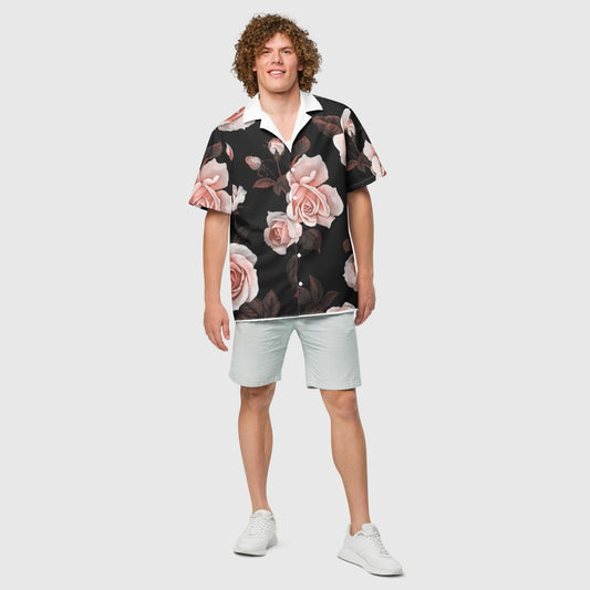 Unisex button shirt, Pink Rose Flower Pattern Button Shirt, Summer Unisex Button Shirt, Beach Party Shirt - PratSN