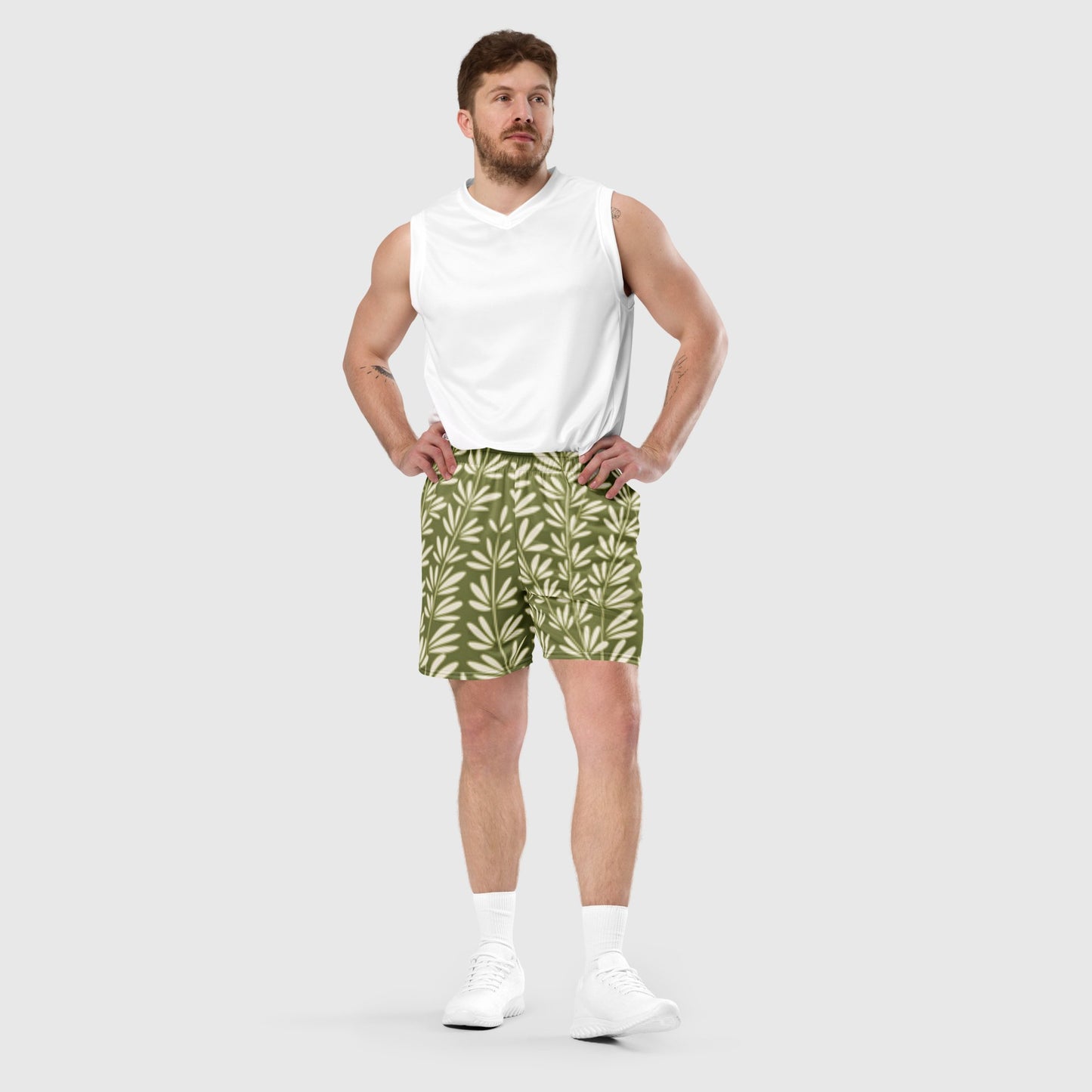 Unisex mesh shorts, Olive green & white Mesh shorts, Blooming pattern, Workout Shorts, Gym Yoga shorts, Mesh shorts for Men, Mesh Shorts for women, Men's Athletic Shorts - PratSN