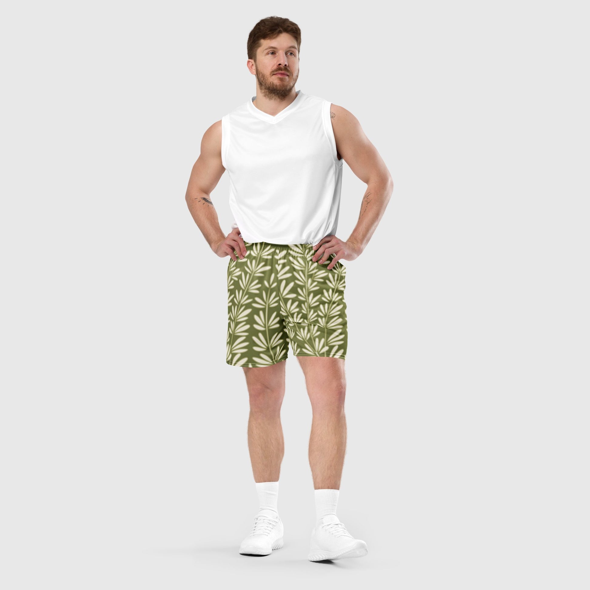 Unisex mesh shorts, Olive green & white Mesh shorts, Blooming pattern, Workout Shorts, Gym Yoga shorts, Mesh shorts for Men, Mesh Shorts for women, Men's Athletic Shorts - PratSN