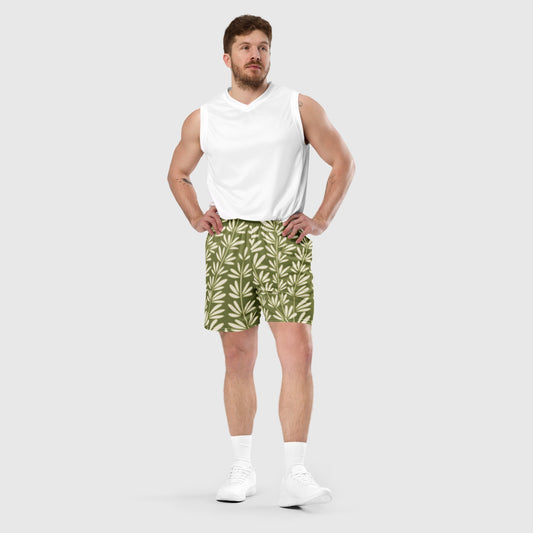 Unisex mesh shorts, Olive green & white Mesh shorts, Blooming pattern, Workout Shorts, Gym Yoga shorts, Mesh shorts for Men, Mesh Shorts for women, Men's Athletic Shorts - PratSN
