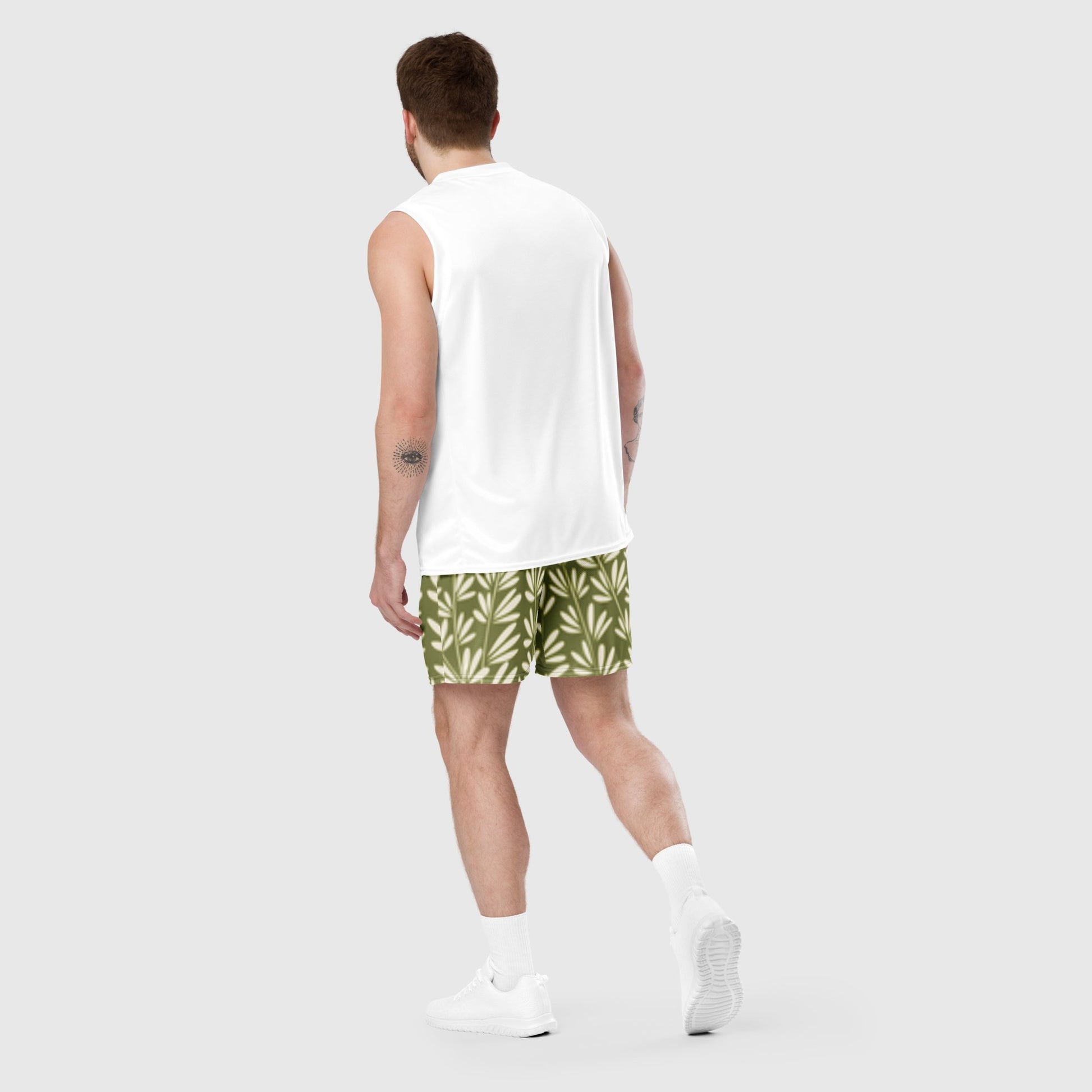 Unisex mesh shorts, Olive green & white Mesh shorts, Blooming pattern, Workout Shorts, Gym Yoga shorts, Mesh shorts for Men, Mesh Shorts for women, Men's Athletic Shorts - PratSN
