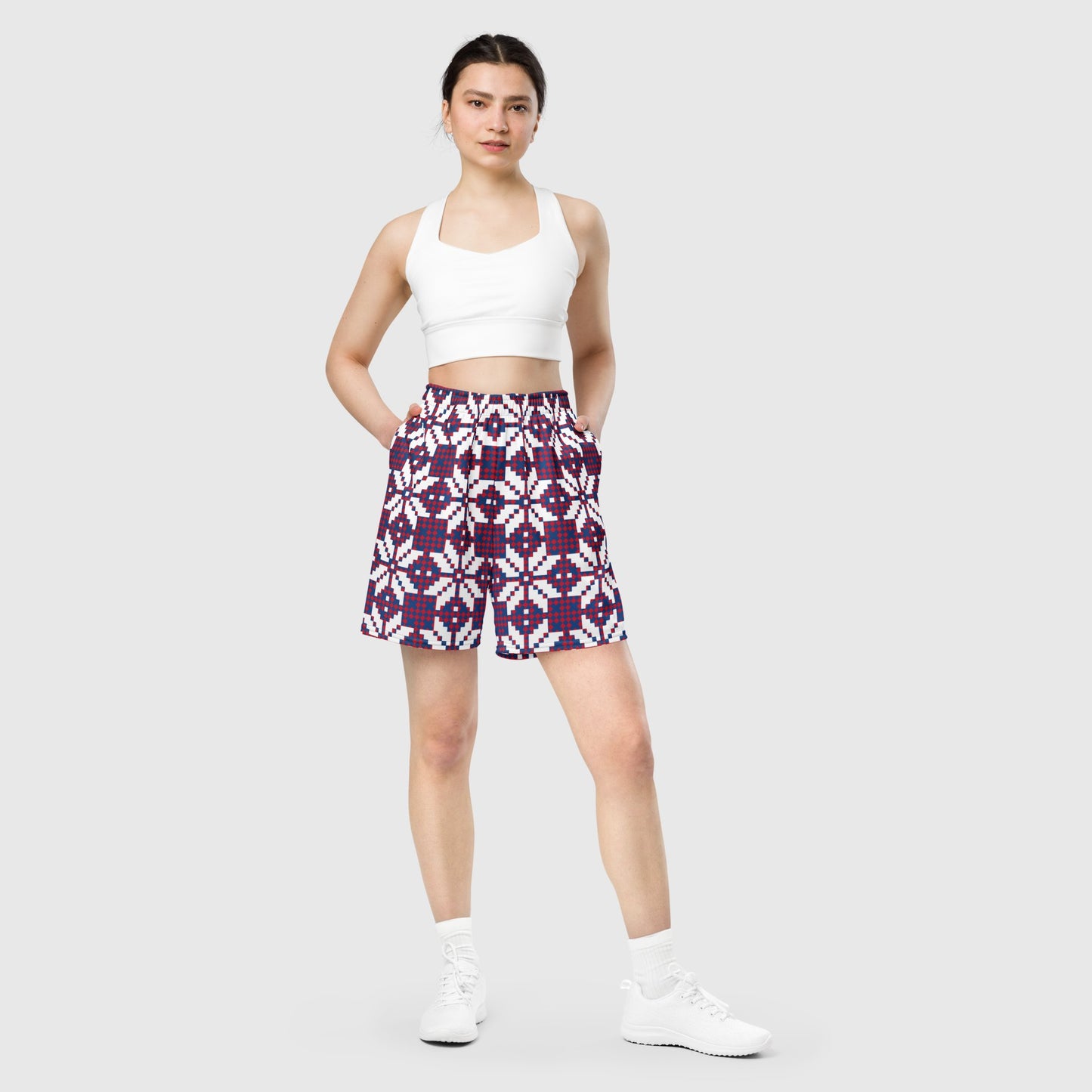 Unisex mesh shorts, White - Blue - red Mesh shorts, Geometric pattern, Workout Shorts, Gym Yoga shorts, Mesh shorts for Men, Mesh Shorts for women, Women mesh shorts, Men's Athletic Shorts - PratSN