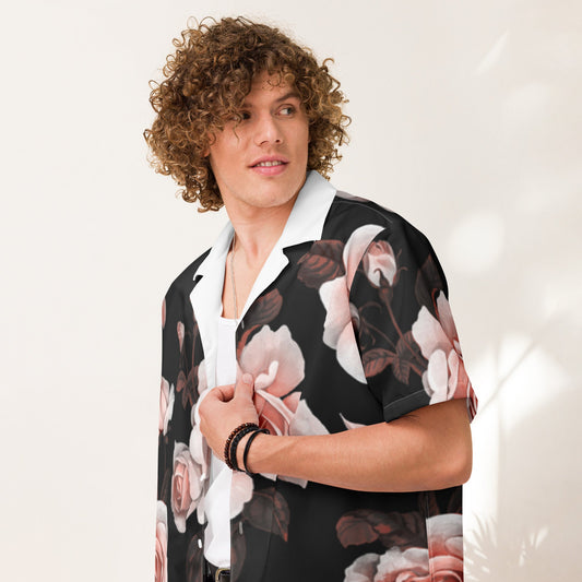 Unisex Shirt in pink Rose Black Floral pattern - Party Shirt - PratSN