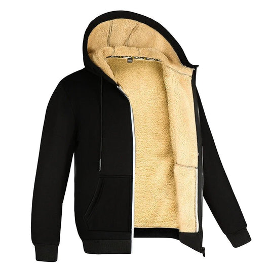Unisex Winter Lambs wool Coats Thicken Warm Jackets Long Sleeve Zipper Hoodies Casual Sports Fleece Black Coat Hooded - PratSN