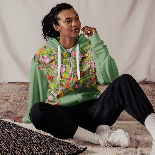Unisex zip hoodie, Dark Sea Green Pink Rose Bird Pattern Jacket Festival Zipper Sweatshirt, Floral hoodie, Streetwear - PratSN