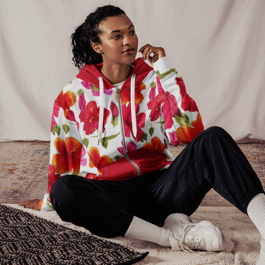 Unisex zip hoodie, Floral hoodie, Streetwear Women's Red White Hibiscus Floral Jacket - PratSN