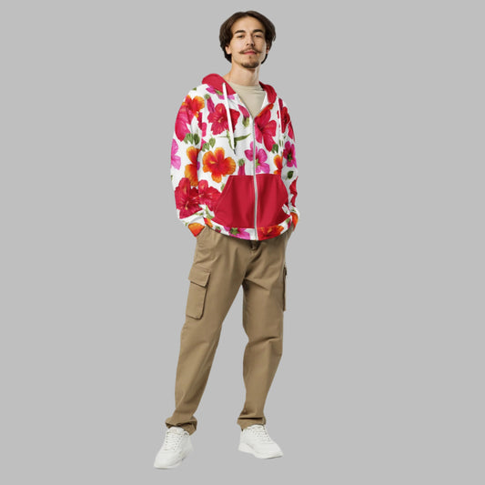 Unisex zip hoodie, Floral hoodie, Streetwear Women's Red White Hibiscus Floral Jacket - PratSN