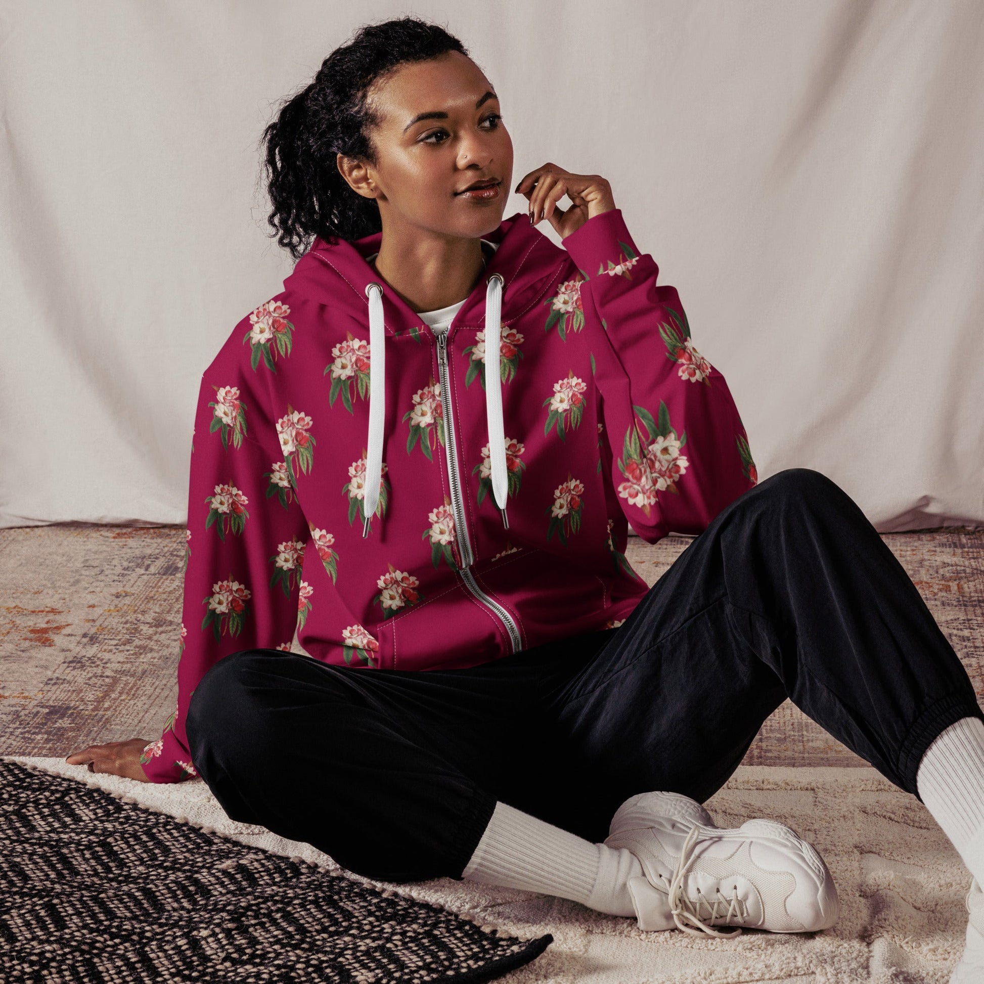 Unisex zip hoodie Vintage Style floral print jacket - PratSN