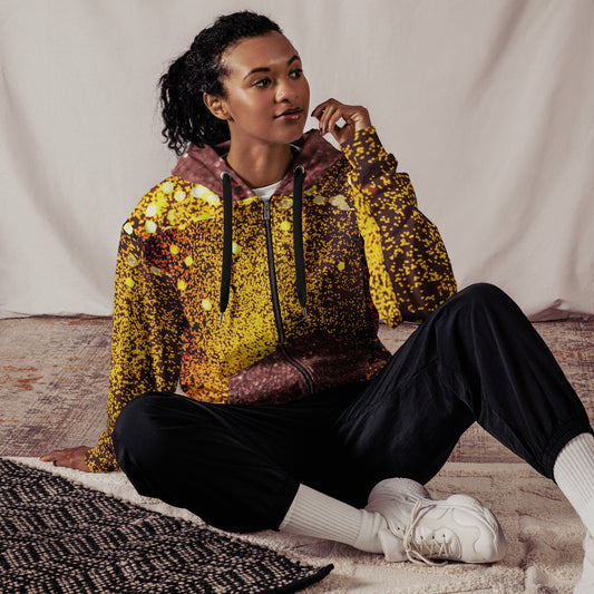 Unisex zip hoodie, Women's Gold yellow and brown Hoodie, Rhinestone Print Streetwear Festival Zipper Sweatshirt - PratSN