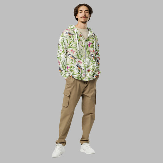 Unisex zip hoodie, Women's Green White Bird Pattern Jacket, Zipper Sweatshirt, Floral hoodie, Streetwear - PratSN