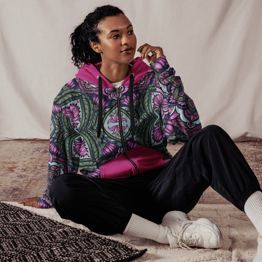 Unisex zip hoodie, Women's Purple Black Green Floral Pattern Jacket Festival Zipper Sweatshirt, Floral hoodie, Streetwear - PratSN