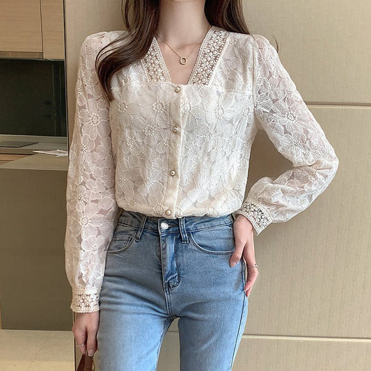 V - Neck Balloon Sleeve Long Sleeve Shirt Women's Top - PratSN