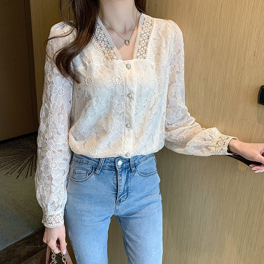 V - Neck Balloon Sleeve Long Sleeve Shirt Women's Top - PratSN