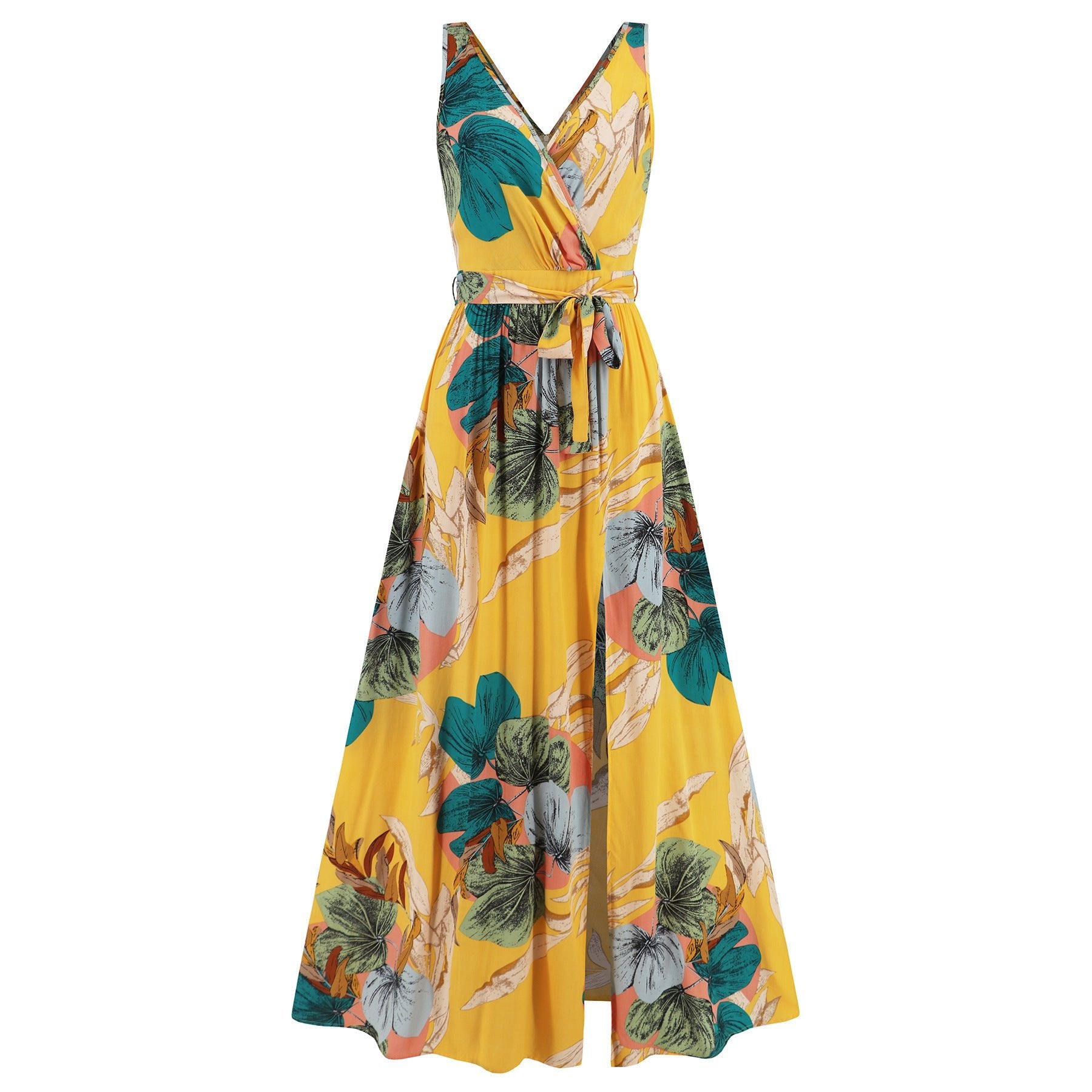 V - neck Floral Print Long Dress Summer Fashion Waist Tie Slit Design Sleeveless Dress For Womens Clothing - PratSN