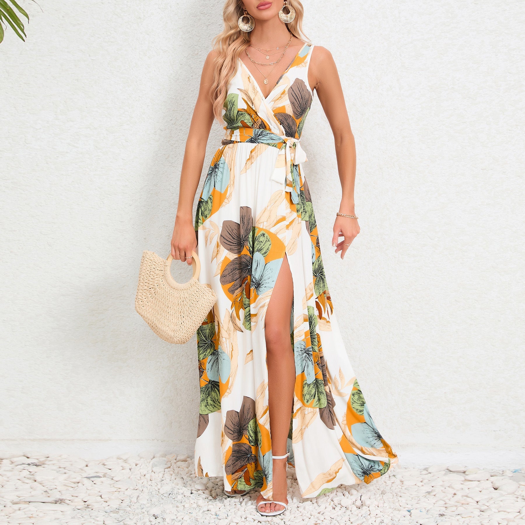 V - neck Floral Print Long Dress Summer Fashion Waist Tie Slit Design Sleeveless Dress For Womens Clothing - PratSN