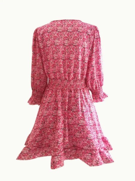 V - Neck Floral Print Short Sleeve Bubble Sleeve A - Line Dress - PratSN