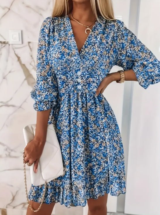 V - Neck Floral Print Short Sleeve Bubble Sleeve A - Line Dress - PratSN