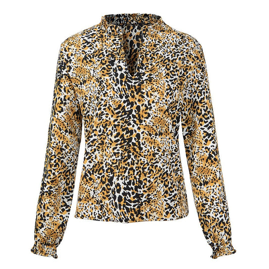 V Neck Leopard Print Chiffon Shirt Long Sleeved Top Women - PratSN