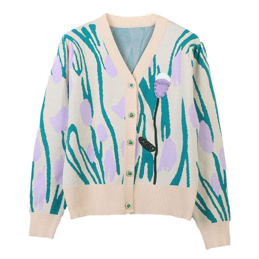 V - neck Long Sleeve Contrast Color Flower Beaded Loose Temperament Commuting Fashion Knitted Cardigan - PratSN