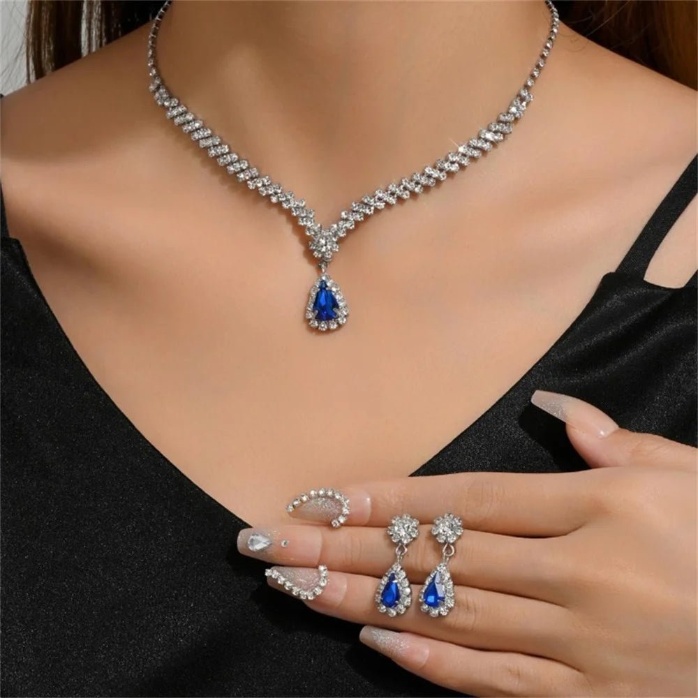 V - shaped Earring Necklace Two Piece Set High - end Fashion Luxurious Necklace Inlaid Rhinestone Jewelry Sets for Women - PratSN