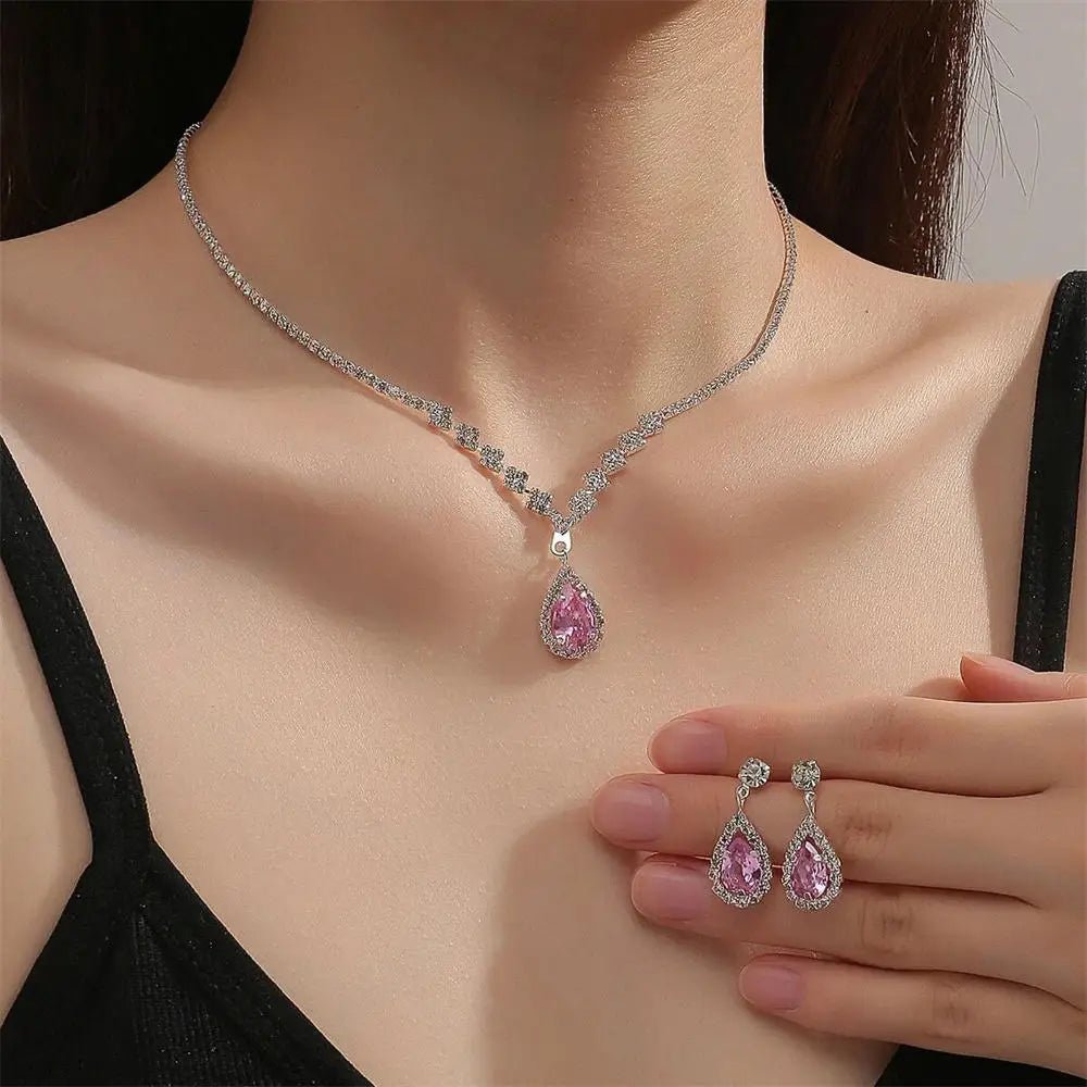 V - shaped Earring Necklace Two Piece Set High - end Fashion Luxurious Necklace Inlaid Rhinestone Jewelry Sets for Women - PratSN