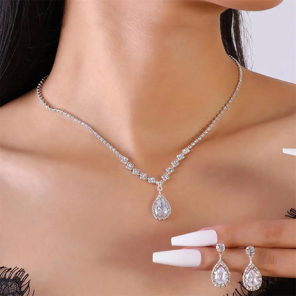 V - shaped Earring Necklace Two Piece Set High - end Fashion Luxurious Necklace Inlaid Rhinestone Jewelry Sets for Women - PratSN