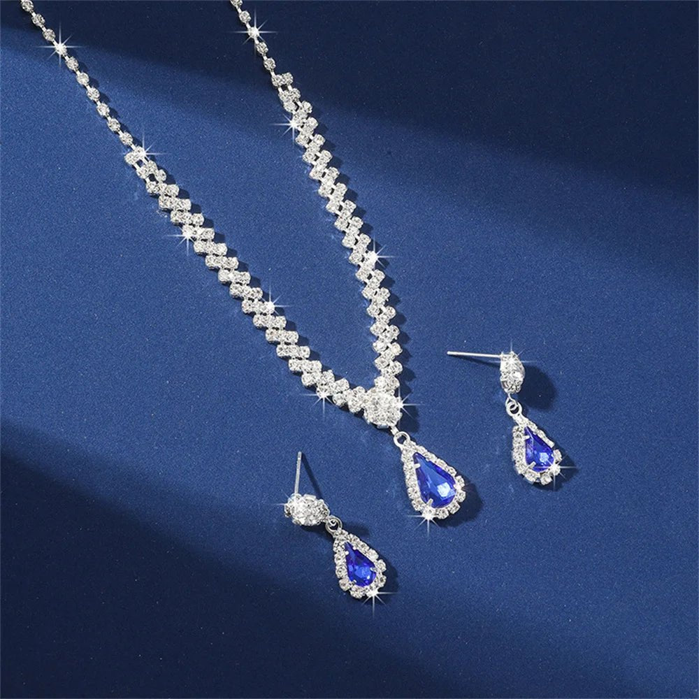 V - shaped Earring Necklace Two Piece Set High - end Fashion Luxurious Necklace Inlaid Rhinestone Jewelry Sets for Women - PratSN