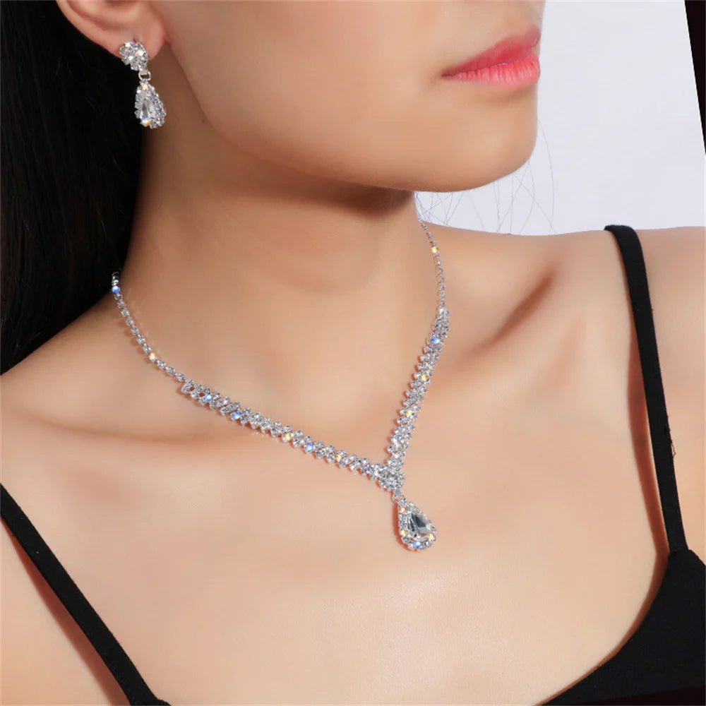 V - shaped Earring Necklace Two Piece Set High - end Fashion Luxurious Necklace Inlaid Rhinestone Jewelry Sets for Women - PratSN