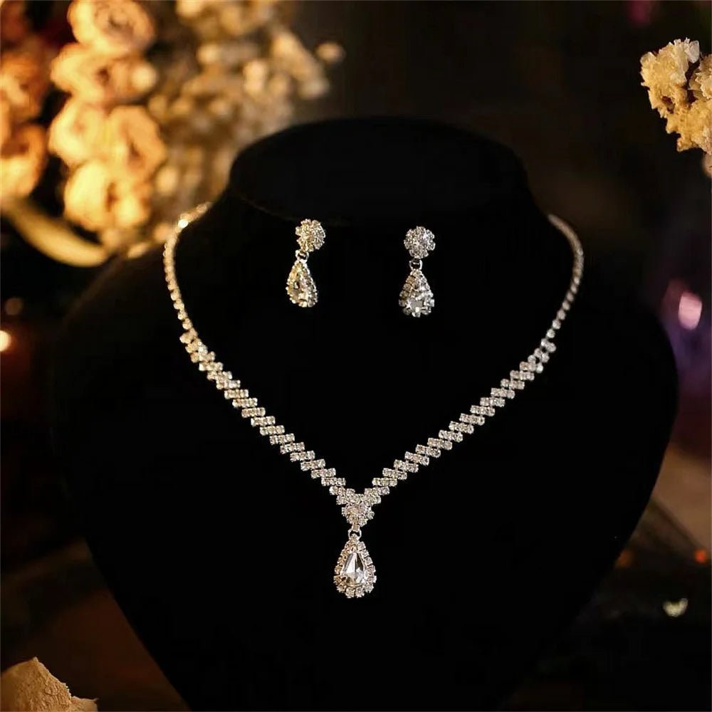V - shaped Earring Necklace Two Piece Set High - end Fashion Luxurious Necklace Inlaid Rhinestone Jewelry Sets for Women - PratSN