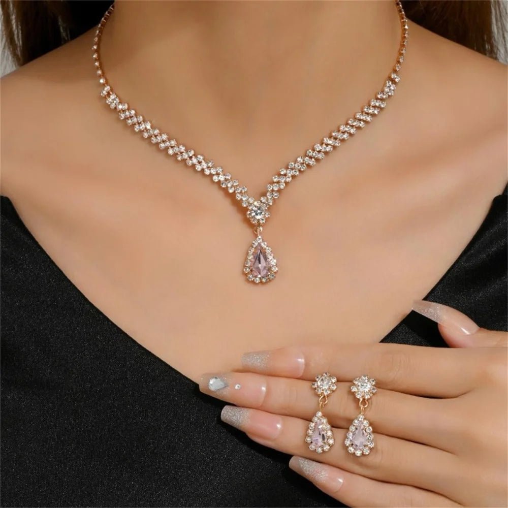 V - shaped Earring Necklace Two Piece Set High - end Fashion Luxurious Necklace Inlaid Rhinestone Jewelry Sets for Women - PratSN