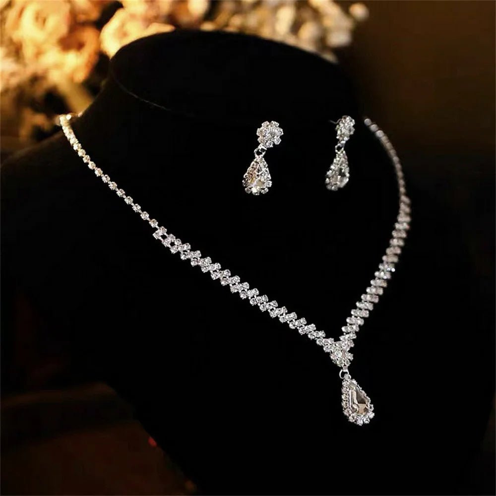 V - shaped Earring Necklace Two Piece Set High - end Fashion Luxurious Necklace Inlaid Rhinestone Jewelry Sets for Women - PratSN