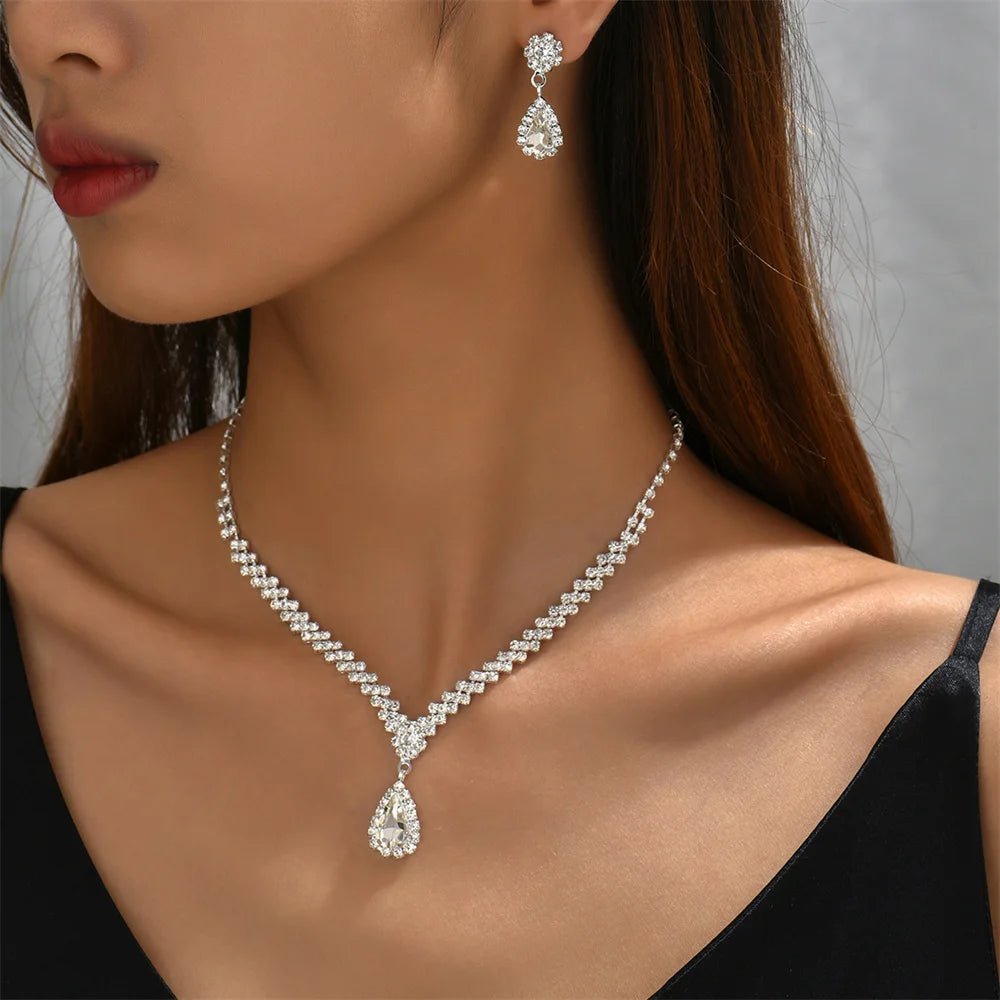 V - shaped Earring Necklace Two Piece Set High - end Fashion Luxurious Necklace Inlaid Rhinestone Jewelry Sets for Women - PratSN