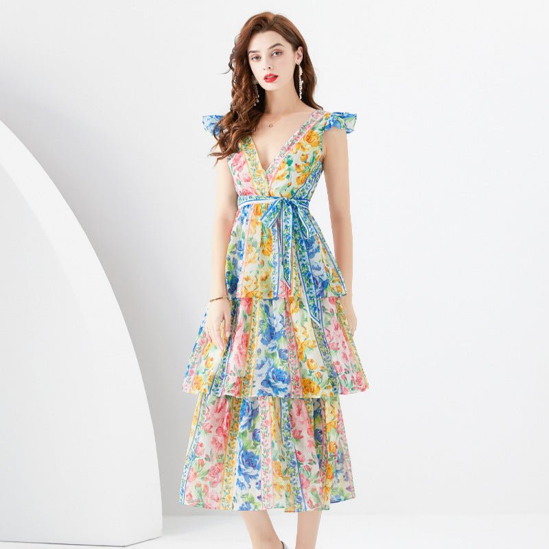 Vacation Style V - neck Flying Sleeve Multi - layer Silver Wire Painted Print Long Tiered - ruffle Dress - PratSN