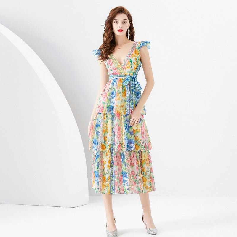 Vacation Style V - neck Flying Sleeve Multi - layer Silver Wire Painted Print Long Tiered - ruffle Dress - PratSN