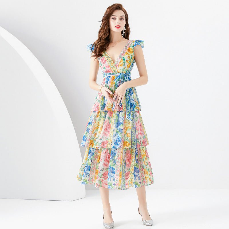 Vacation Style V - neck Flying Sleeve Multi - layer Silver Wire Painted Print Long Tiered - ruffle Dress - PratSN