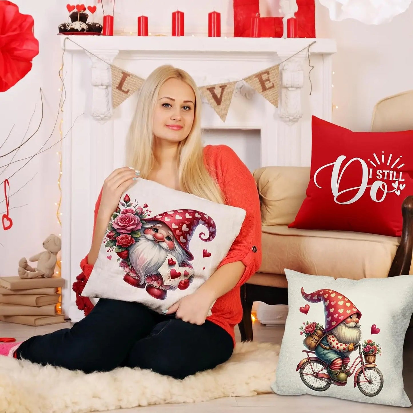 Valentine 's Day Cushion Pillow Cover, Red Dwarf Couple, Suitable for Home Party Decoration, 18x18 Pillow Covers - PratSN