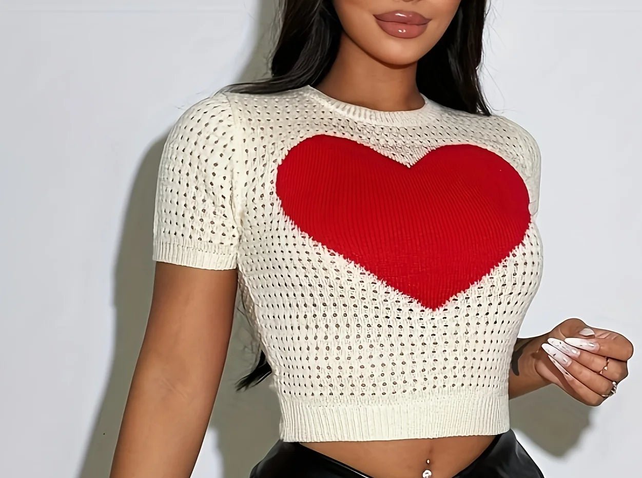 Valentine's day lace heart white knitted short - sleeved top spring summer fashion women’s knitted pullover - PratSN