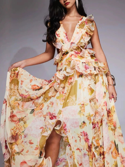 VGH Runway Style Maxi Dresses for Women V Neck Sleeveless High Waist Patchwork Ruffles Edge French Sexy Printed Dress Female New - PratSN