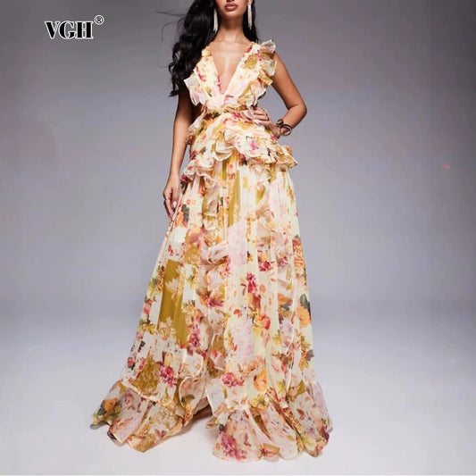 VGH Runway Style Maxi Dresses for Women V Neck Sleeveless High Waist Patchwork Ruffles Edge French Sexy Printed Dress Female New - PratSN