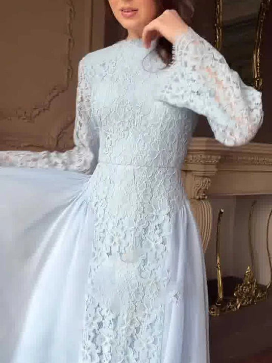 Vintage Elegant Lace Spliced Banquet Dress Leisure O - neck Long Sleeve Big Hem Dress Lady Color Blocked Pleated High Waist Dress - PratSN