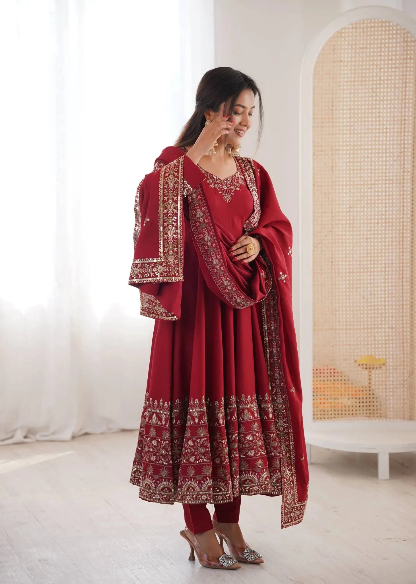 Vintage Party Gown Bottom Dupatta Roman Silk Sequence Embroidery Work Floor - Length Quick Dry Suit - PratSN