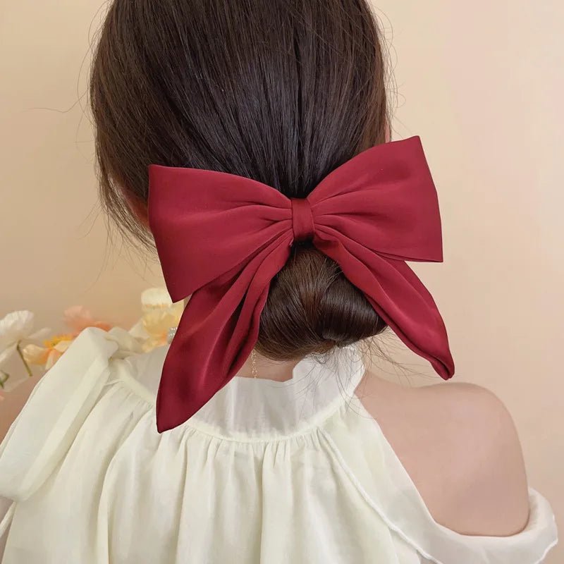 Vintage Red Large Satin Bow Elastic Hair Bands Ties for Women Girls Fashion Solid Rubber Bands Scrunchies Hair Accessories - PratSN