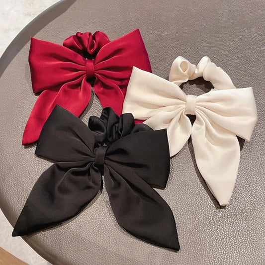 Vintage Red Large Satin Bow Elastic Hair Bands Ties for Women Girls Fashion Solid Rubber Bands Scrunchies Hair Accessories - PratSN