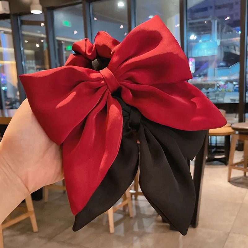 Vintage Red Large Satin Bow Elastic Hair Bands Ties for Women Girls Fashion Solid Rubber Bands Scrunchies Hair Accessories - PratSN