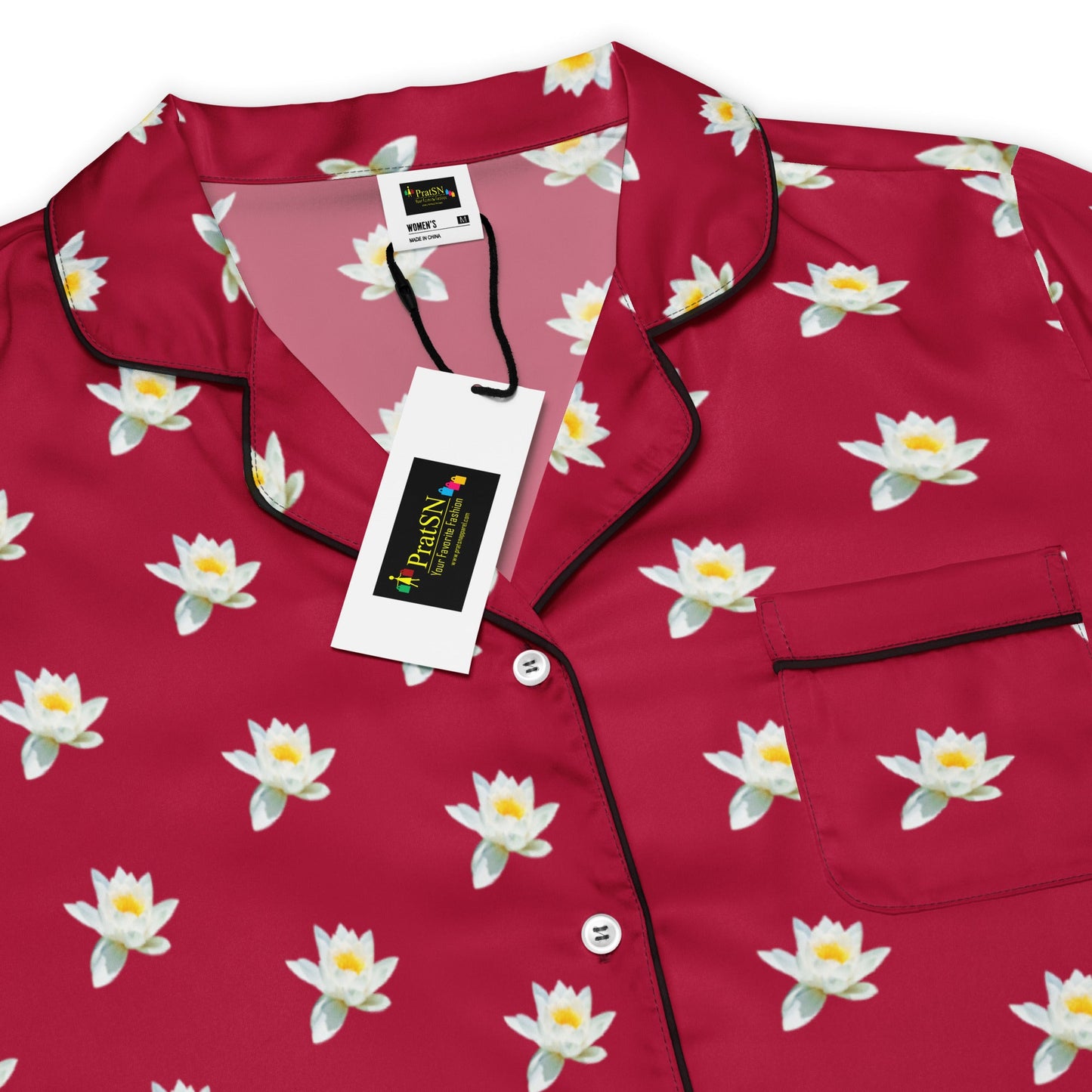 Water lily and carmine color floral all - over print women’s short sleeve pajama top - PratSN