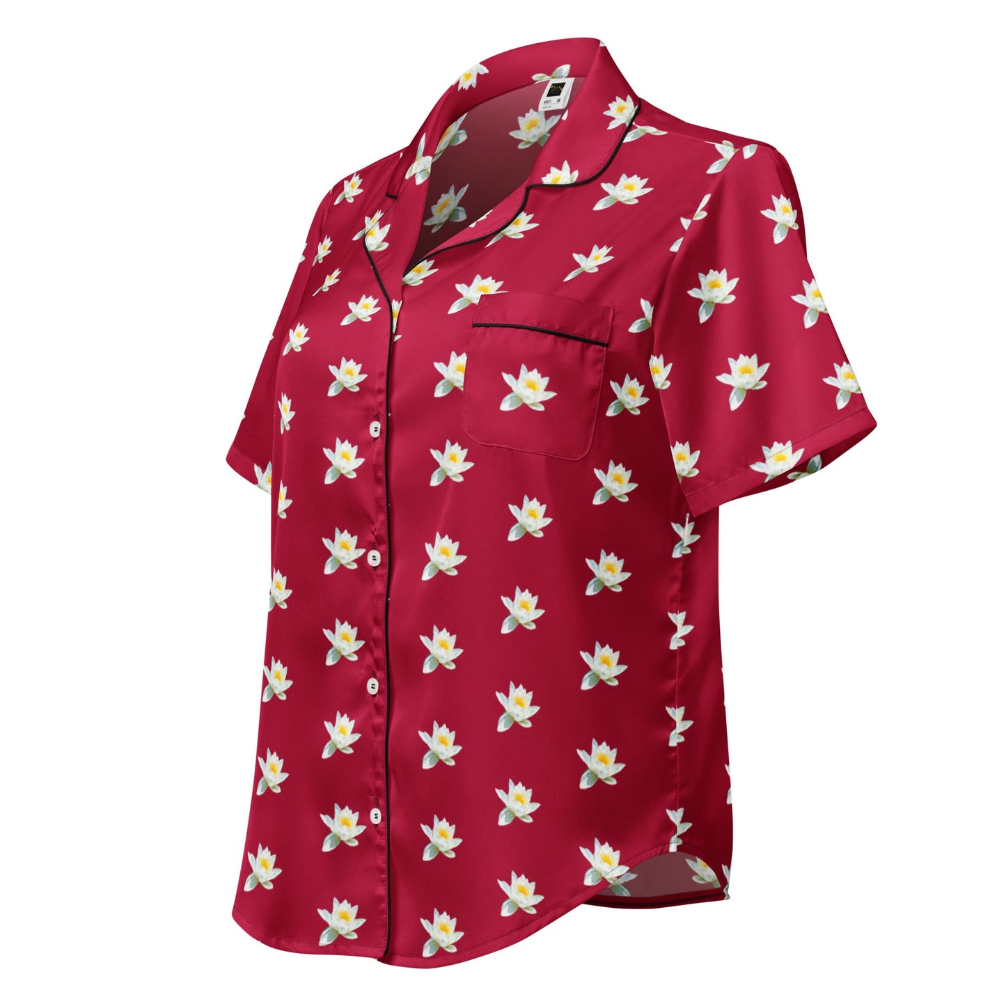 Water lily and carmine color floral all - over print women’s short sleeve pajama top - PratSN