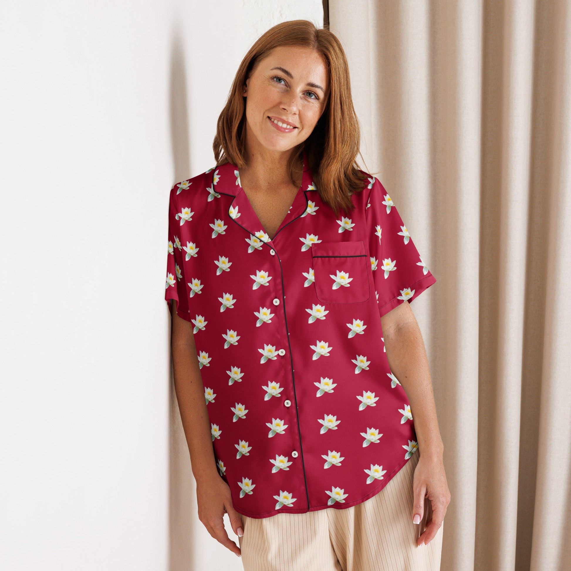 Water lily and carmine color floral all - over print women’s short sleeve pajama top - PratSN