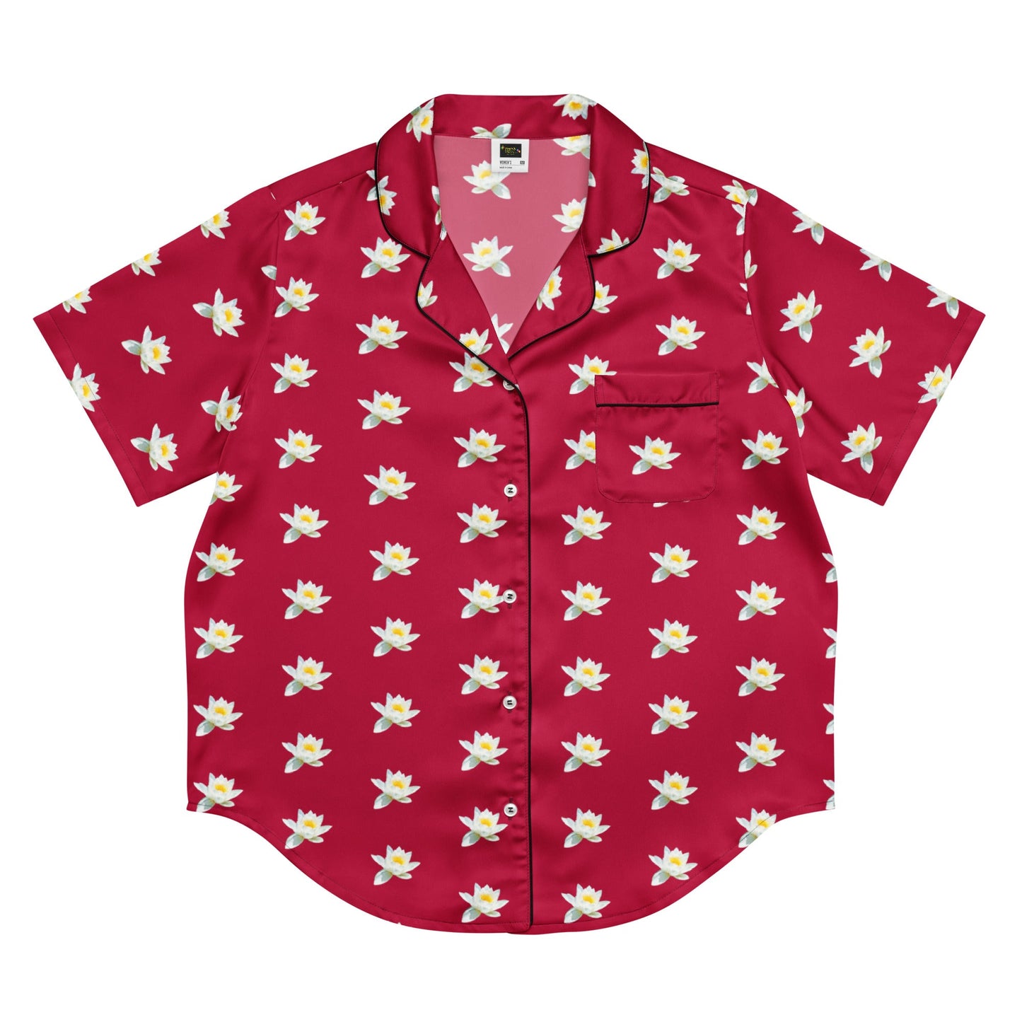 Water lily and carmine color floral all - over print women’s short sleeve pajama top - PratSN